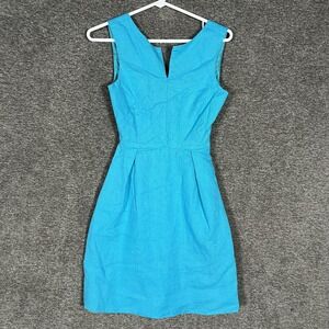 Kate Spade New York Dress Womens Large Blue Linen Fit & Flare‎ V Neck Sleeveless